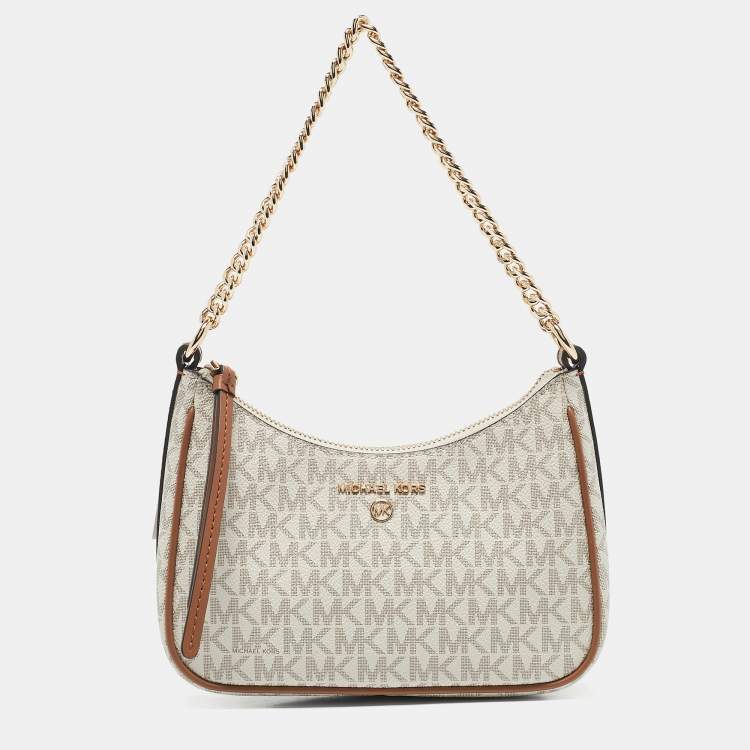 Michael Kors White/Brown Signature Coated Canvas and Leather Jet Set Charm Pochette Bag