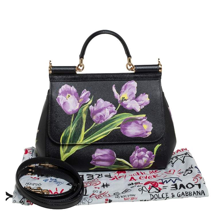 Dolce & Gabbana Black Tulip Print Leather Medium Miss Sicily Top Handle Bag
