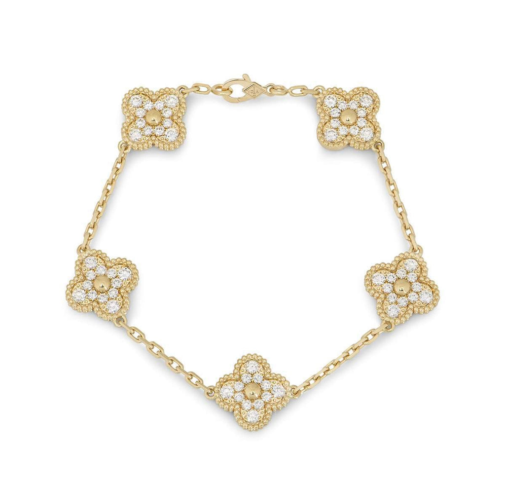 Van Cleef & Arpels 18k Yellow Gold 5 Diamond Motifs Vintage Alhambra Bracelet VCARA41400