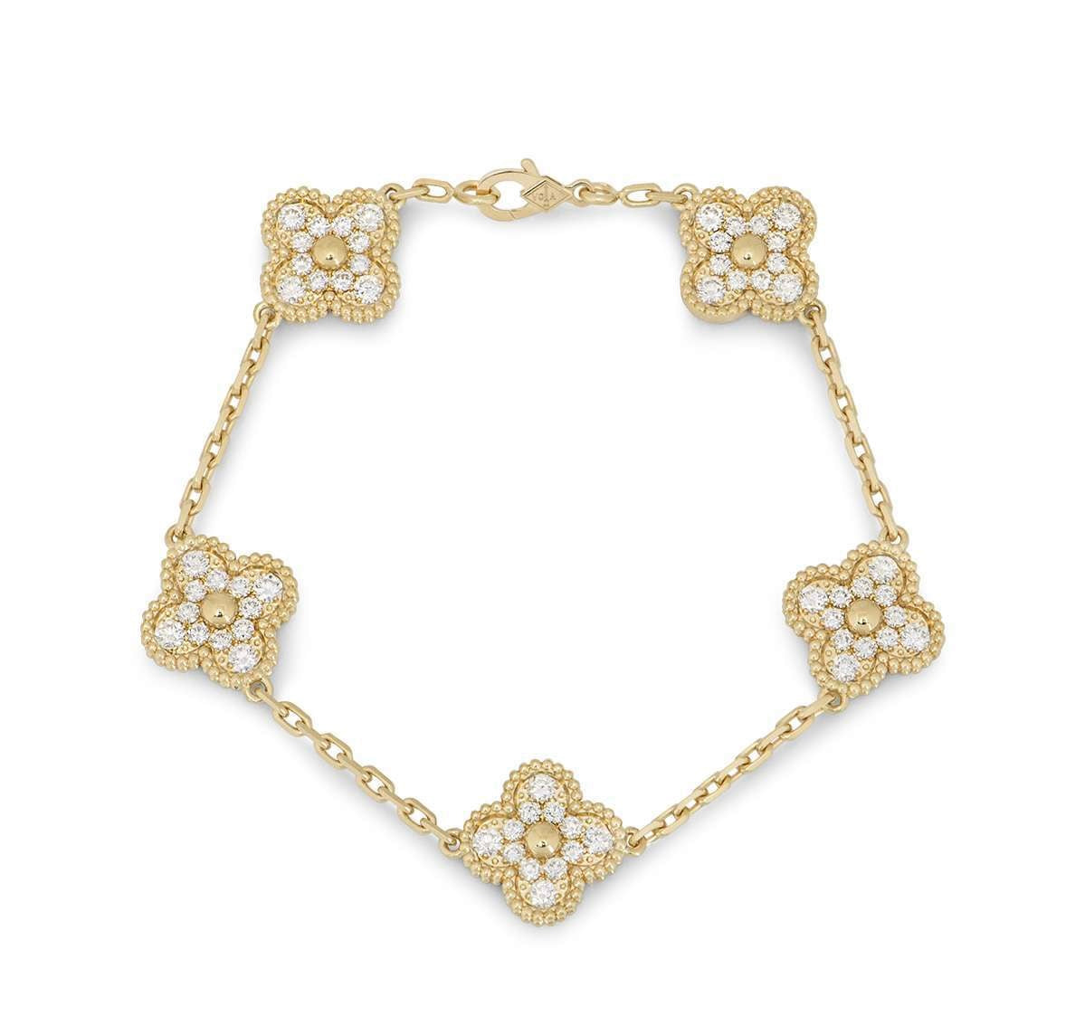 Van Cleef & Arpels 18k Yellow Gold 5 Diamond Motifs Vintage Alhambra Bracelet VCARA41400