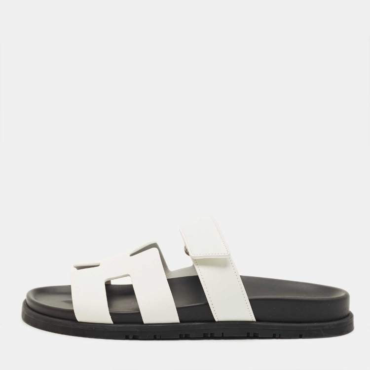 Hermes White/Black Leather Chypre Flat Slides Size 40