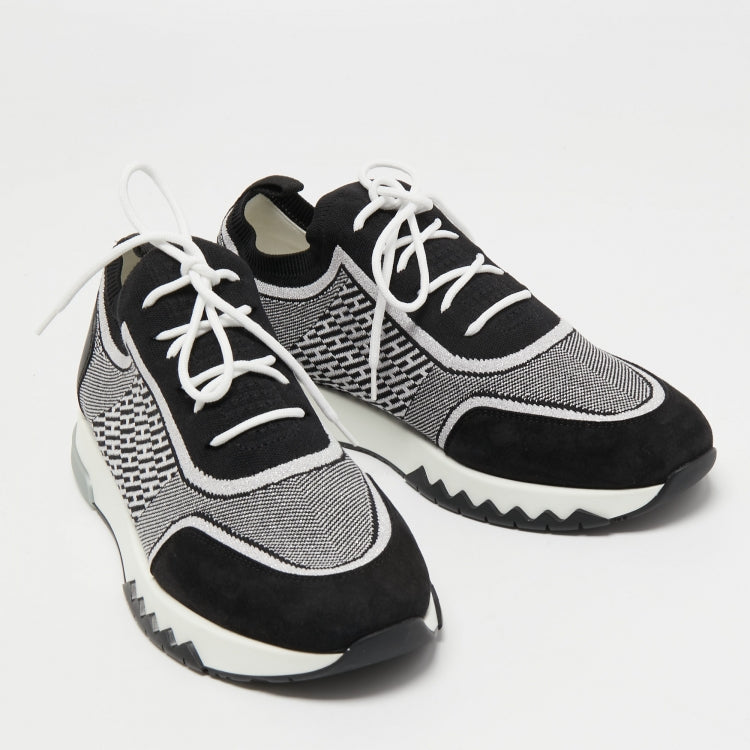 Hermes Black/White Fabric and Suede Addict Sneakers Size 39.5