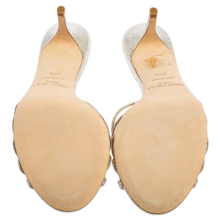 Jimmy Choo Metallic Silver Crinkled Leather Gillian Slide Sandals Size 37.5