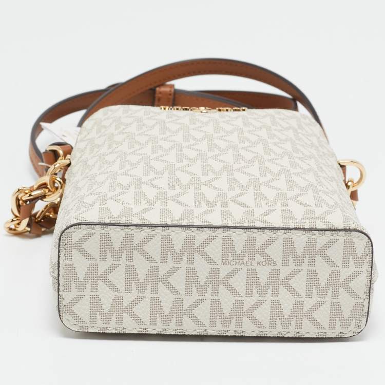 Michael Kors White Signature Coated Canvas and Leather Small Jet Set Charm NS Phone Crossbody Bag