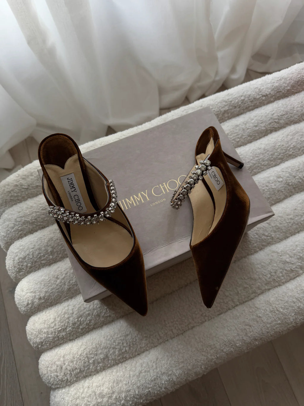 JIMMY CHOO BING TAN VELVET 65 HEELS (SIZE 39/UK6)