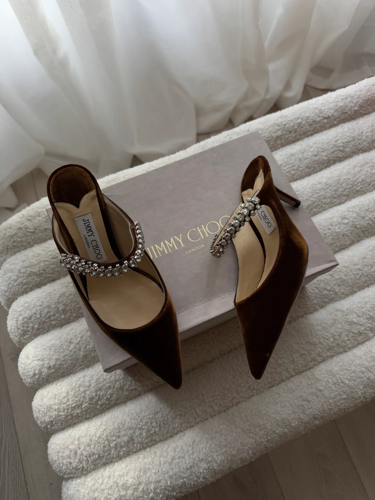 JIMMY CHOO BING TAN VELVET 65 HEELS (SIZE 39/UK6)