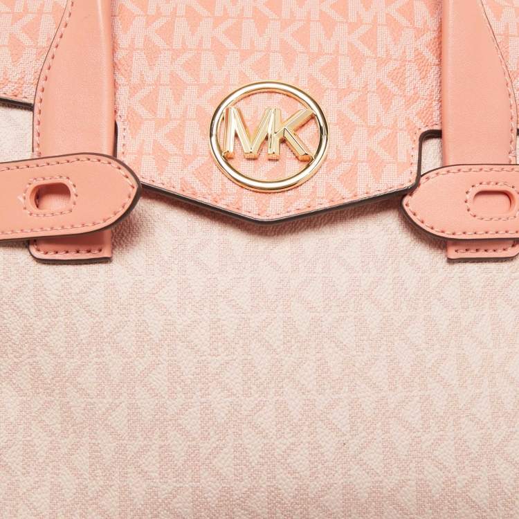 Michael Kors Pink/Peach Signature Coated Canvas Medium Carmen Flap Satchel