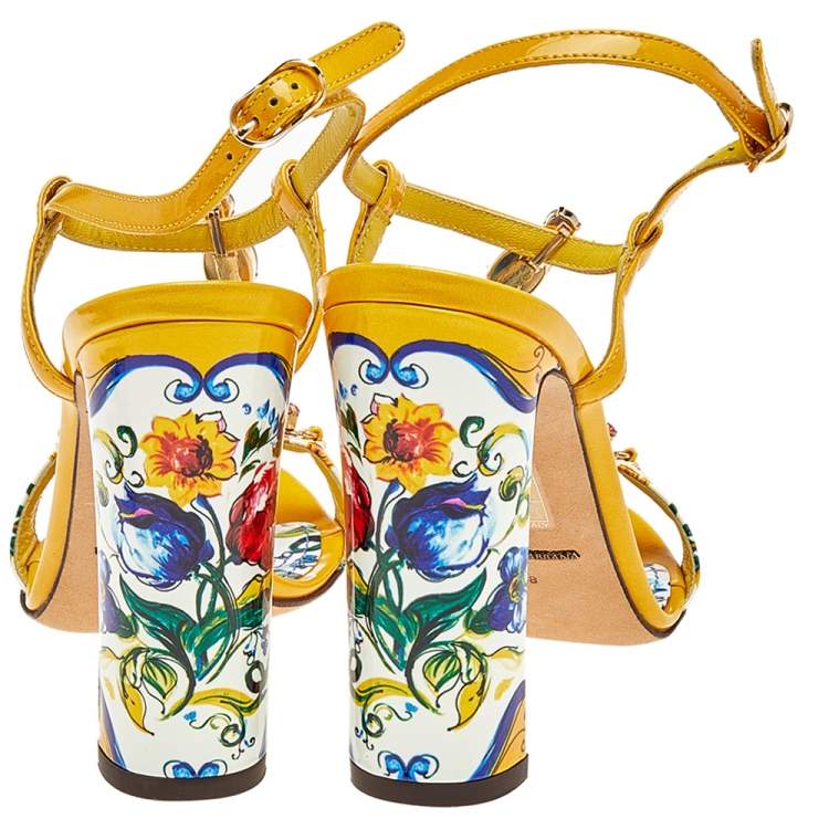 Dolce & Gabbana Yellow/Cream Floral Print Patent Leather Embellished Sandals Size 38