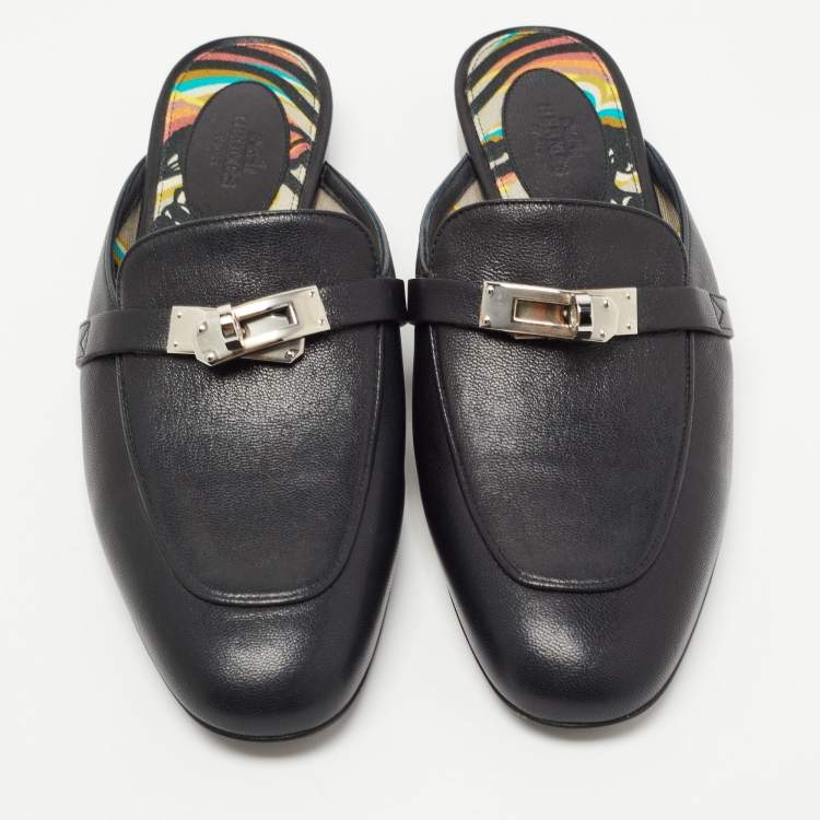 Hermes Black Leather Oz Flat Mules Size 37