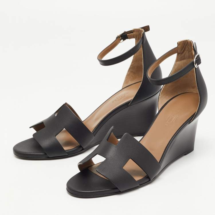 Hermes Black Leather Legend Wedge Ankle Strap Sandals Size 38