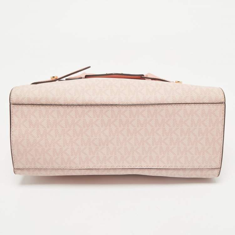 Michael Kors Pink/Peach Signature Coated Canvas Medium Carmen Flap Satchel