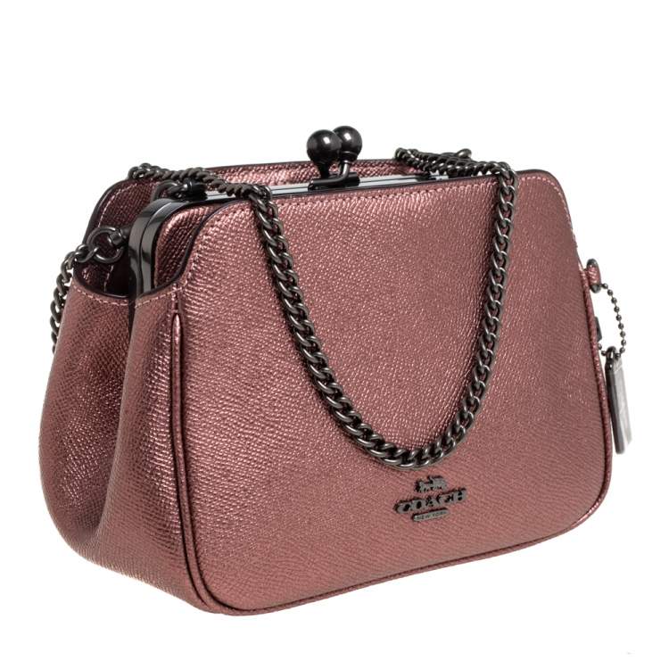 Coach Metallic Pink Leather Pearl KissLock Crossbody Bag