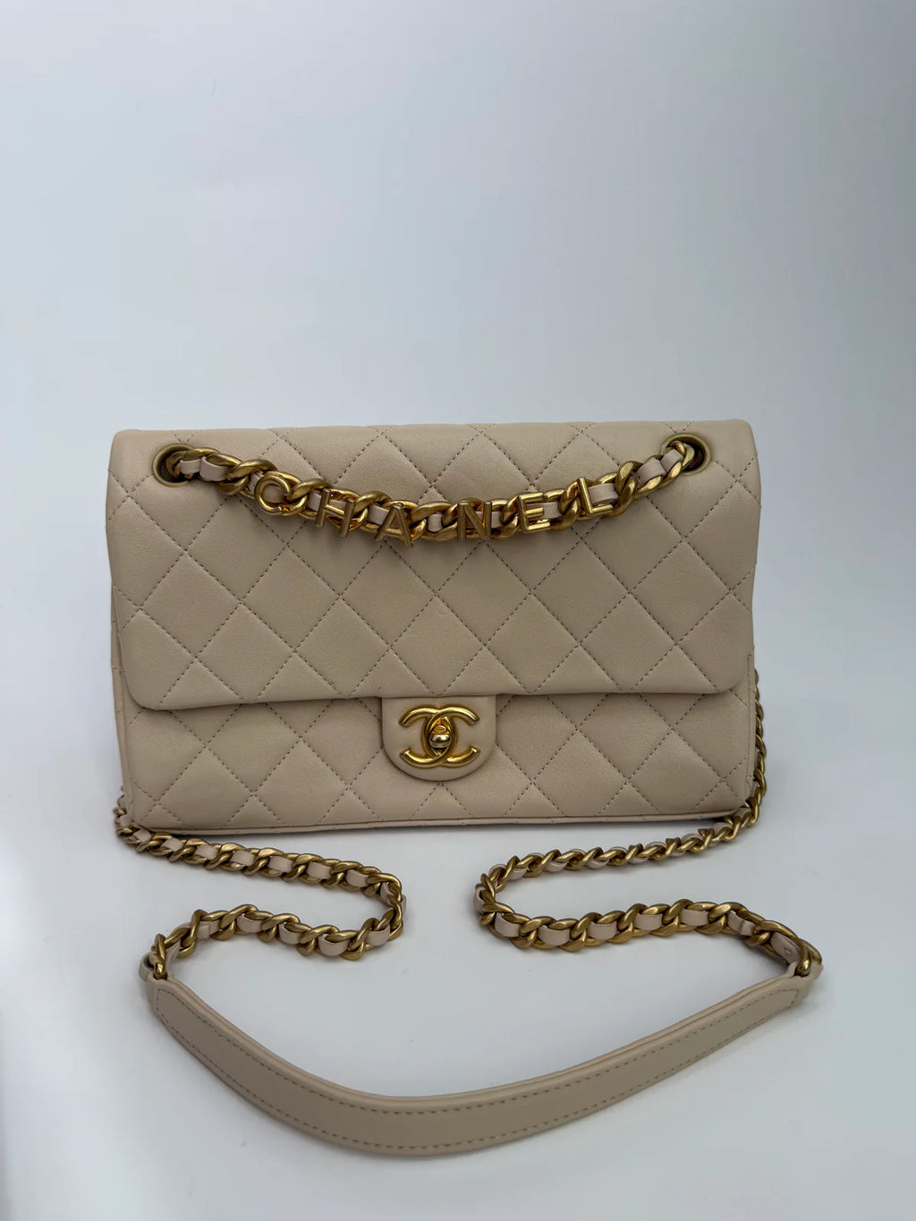 CHANEL MEDIUM QUILTED LAMBSKIN LOGO LETTERS TOUCH CHAIN FLAP BAG