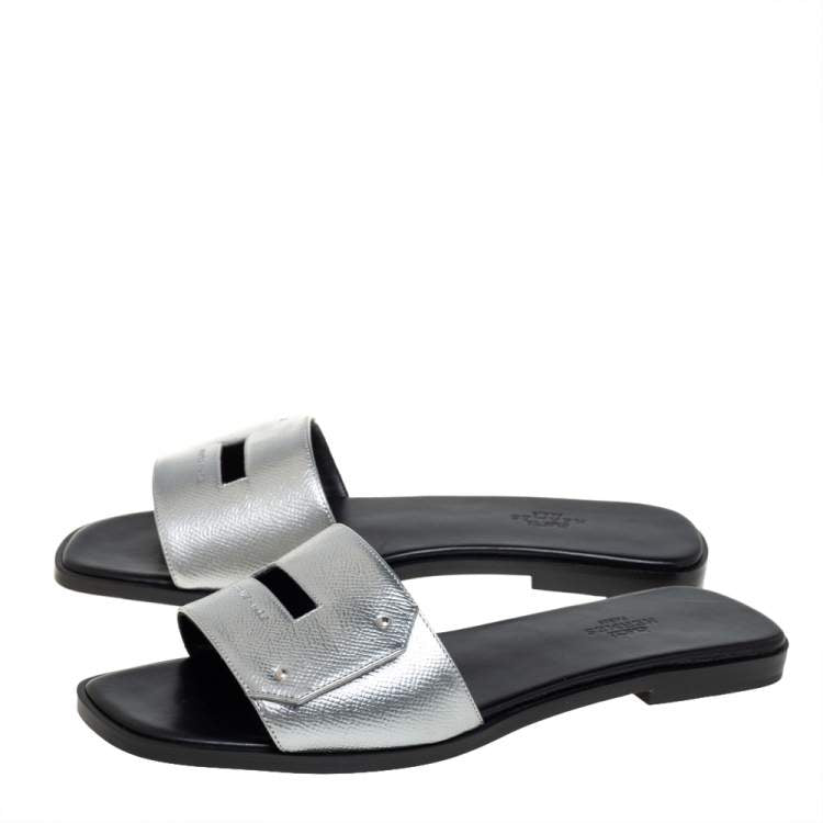 Hermes Silver Leather Flat Slides Size 38.5