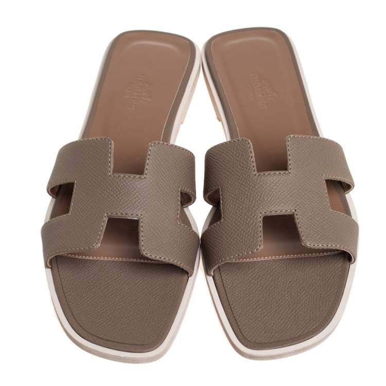 Hermes Grey Leather Oran Flat Slides Size 37.5
