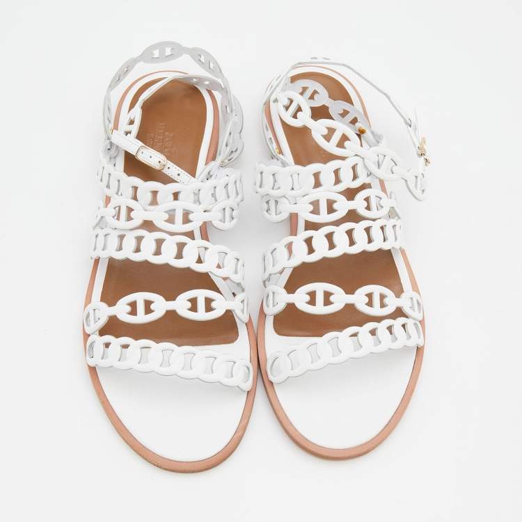 Hermes White Leather Kalliste Ankle Strap Flat Sandals Size 38