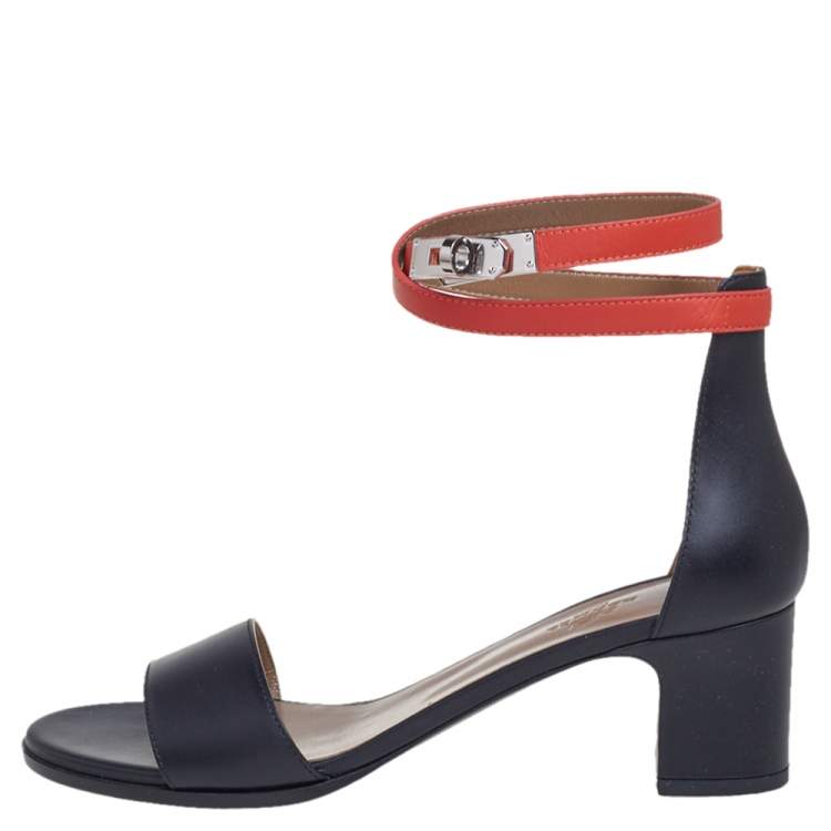 Hermes Black/Orange Leather Open Toe Ankle Strap Sandals Size 39