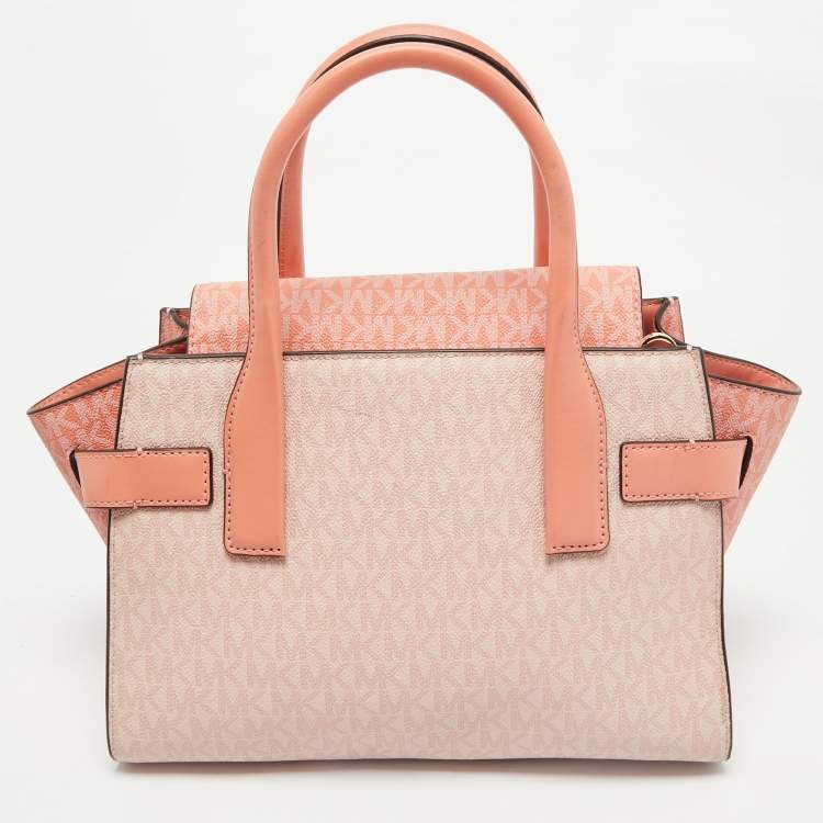 Michael Kors Pink/Peach Signature Coated Canvas Medium Carmen Flap Satchel