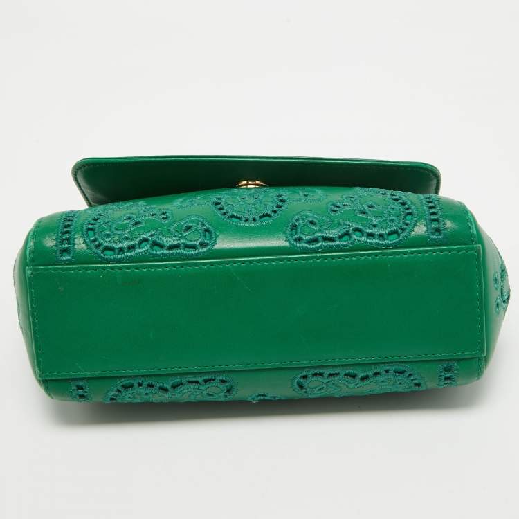 Dolce & Gabbana Green Leather Small Embroidered Miss Sicily Top Handle Bag