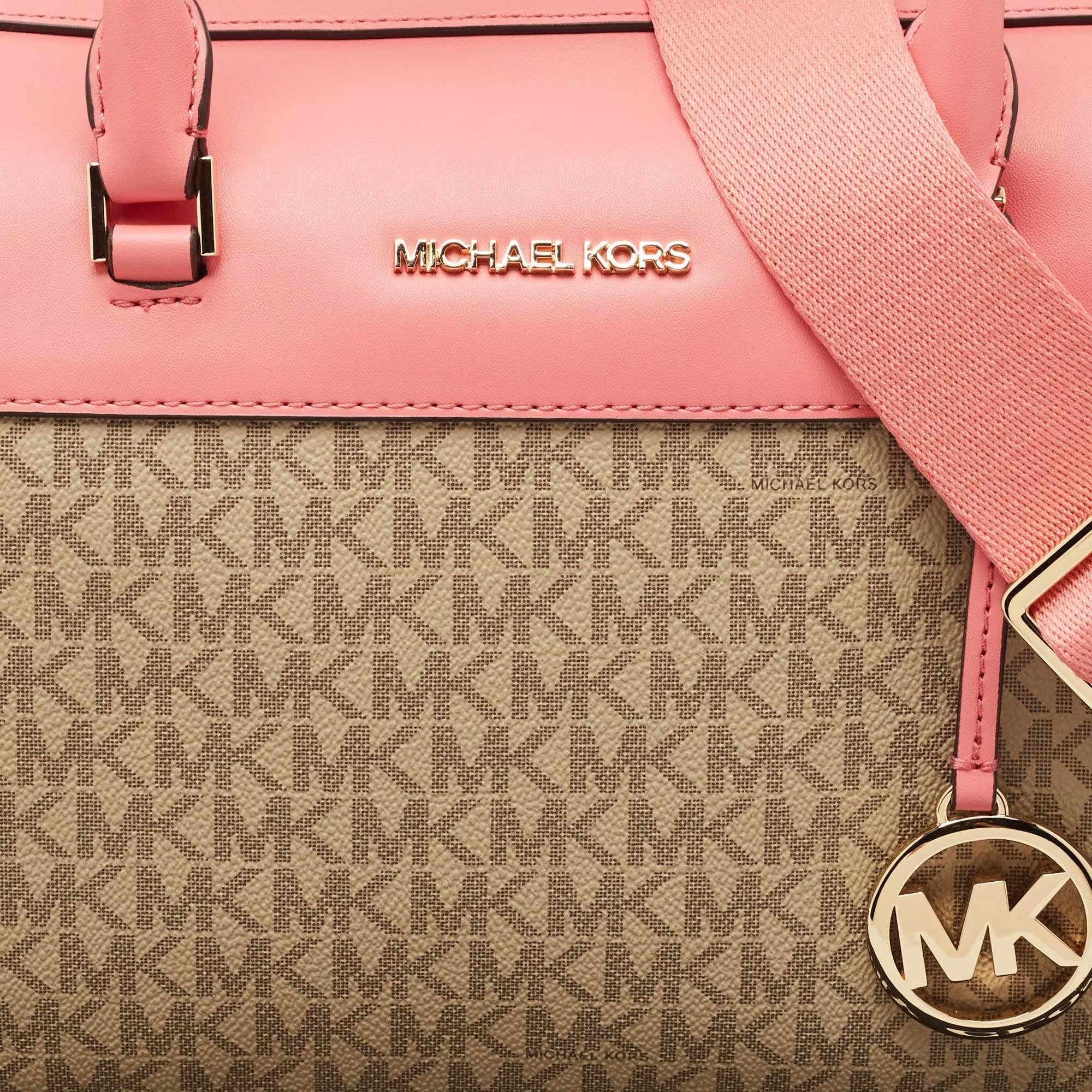 Michael Kors Tea Rose/Beige Signature Coated Canvas Medium Travel Duffle Bag