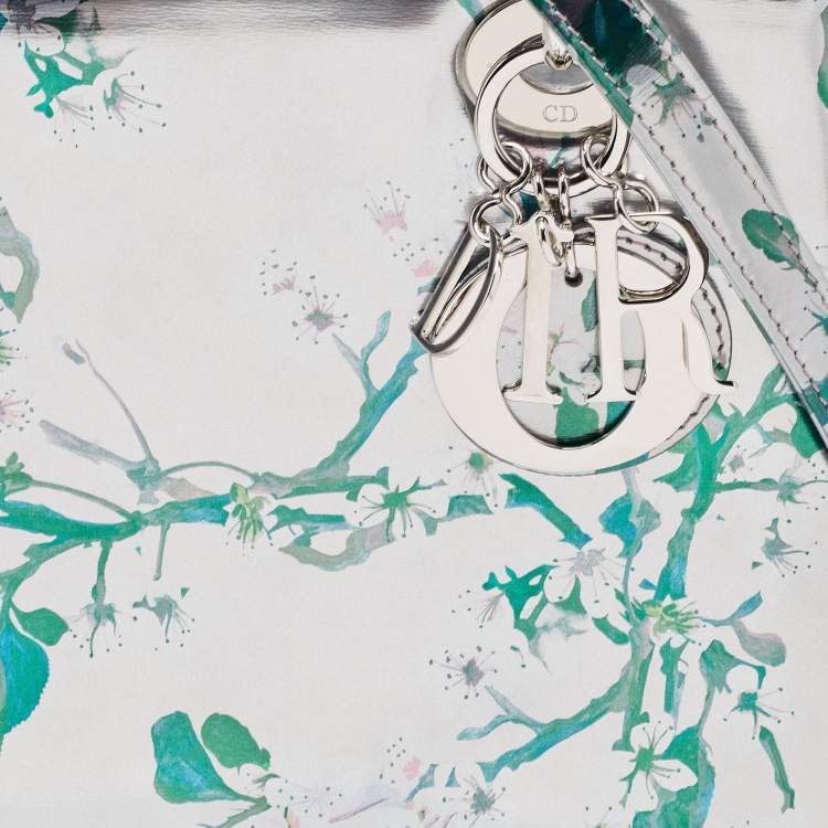Dior Metallic Silver/Green Printed Leather Medium Lady Dior Tote