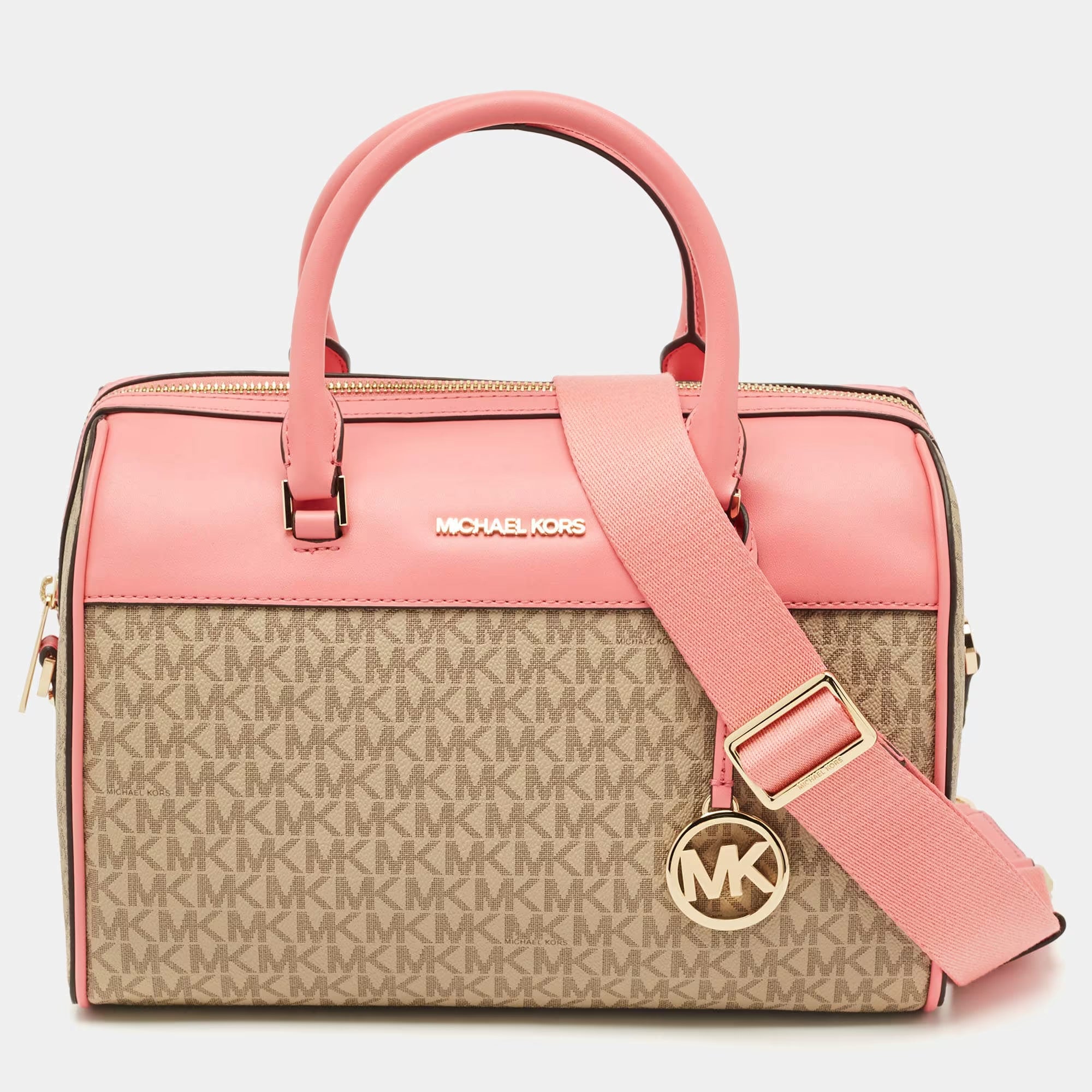 Michael Kors Tea Rose/Beige Signature Coated Canvas Medium Travel Duffle Bag