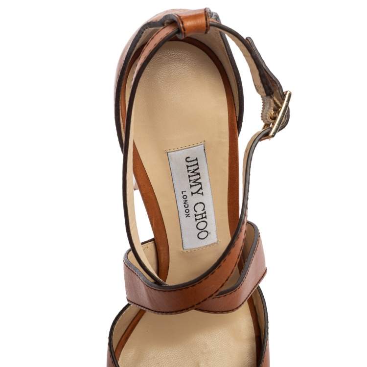 Jimmy Choo Tan Leather April Cross Strap Platform Sandals Size 40.5