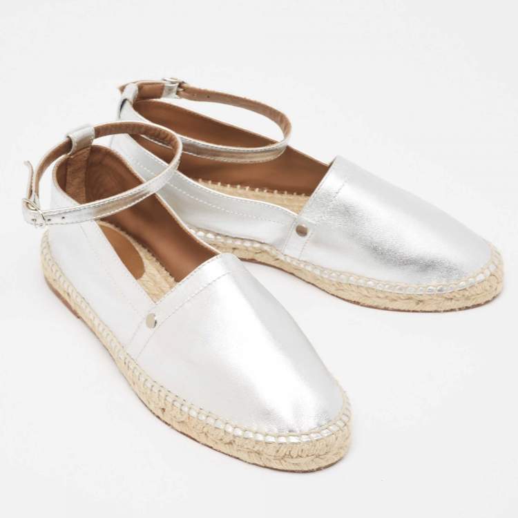 Hermes Silver Leather Malaga Espadrille Flats Size 38