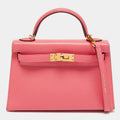 Hermes Kelly II Sellier Mini 20 Gold Finish Rose Azalee Chevre Leather Top Handle Bag