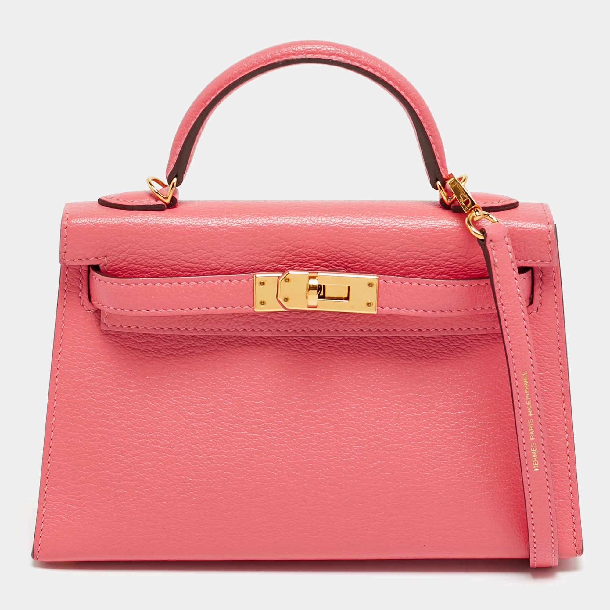 Hermes Kelly II Sellier Mini 20 Gold Finish Rose Azalee Chevre Leather Top Handle Bag