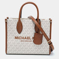 Michael Kors Brown/Beige Logo Jacquard Fabric and Faux Leather Small Mirella Tote