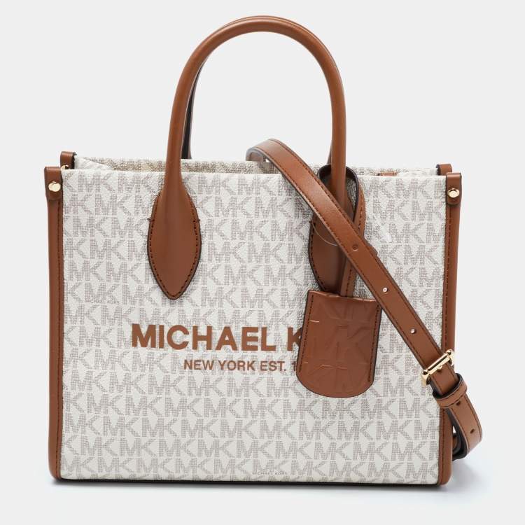 Michael Kors Brown/Beige Logo Jacquard Fabric and Faux Leather Small Mirella Tote