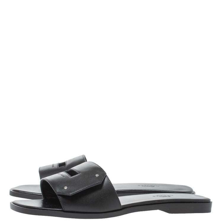 Hermes Black Leather View Slide Sandals Size 38