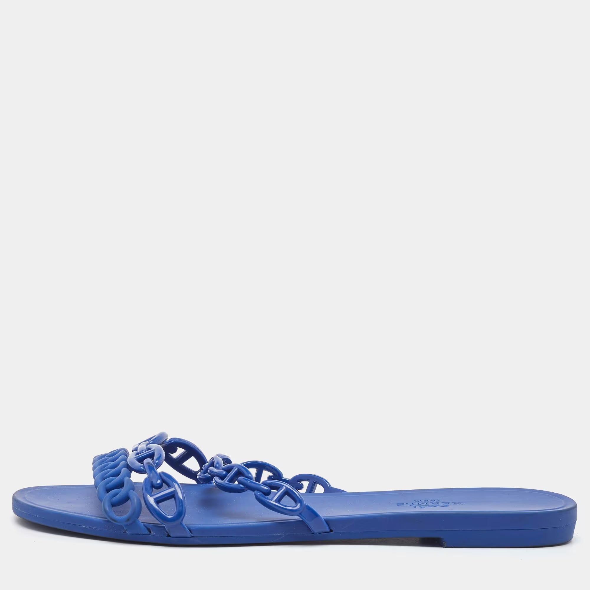 Hermes Blue Rubber Chaine d'Ancre Rivage Flat Slide Sandals Size 39