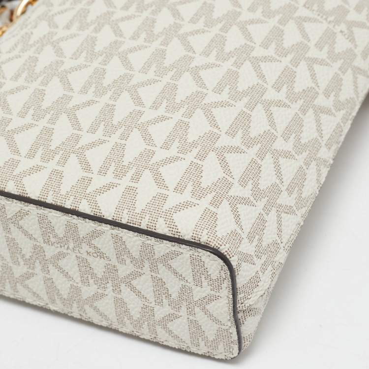 Michael Kors White Signature Coated Canvas and Leather Small Jet Set Charm NS Phone Crossbody Bag