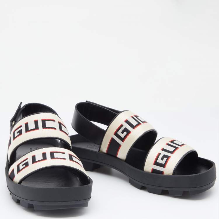 Gucci White Stripe Logo Canvas Slingback Sandals Size 40
