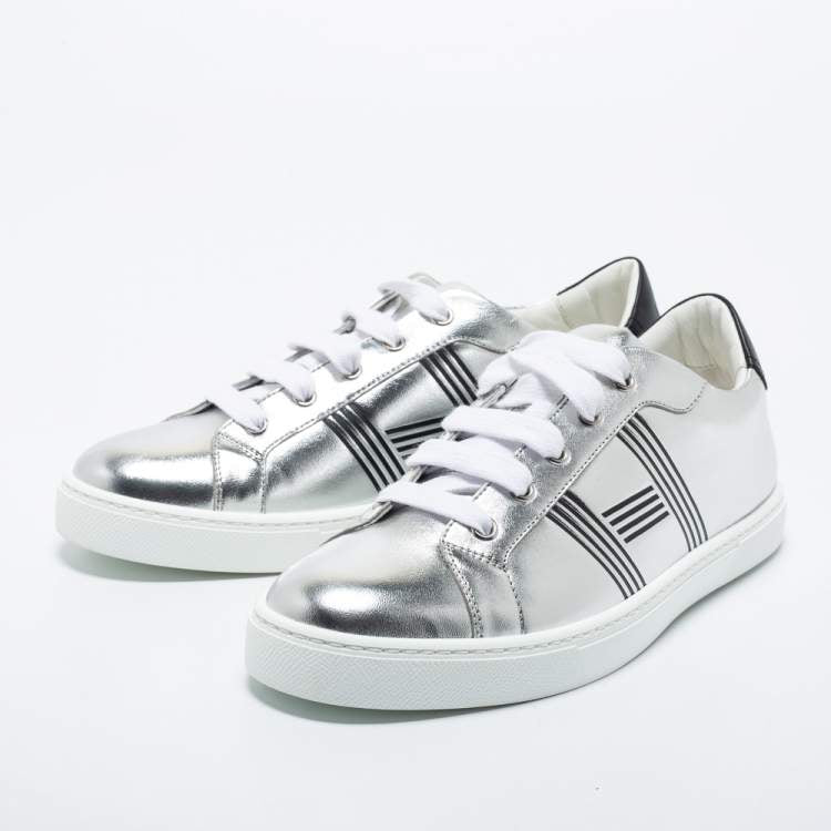 Hermes Silver Leather Avantage Low Top Sneakers Size 40