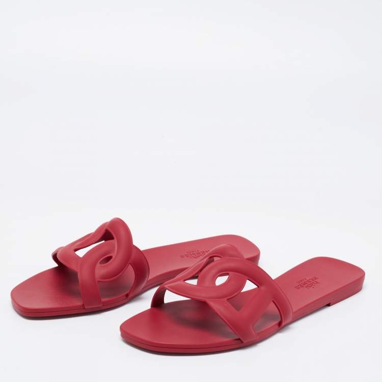 Hermes Burgundy Rubber Aloha Flat Slides Size 37