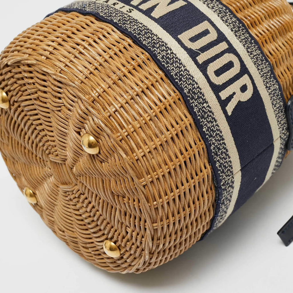 Dior Wicker Drawstring Navy Blue Oblique Canvas and Rattan Bucket Bag