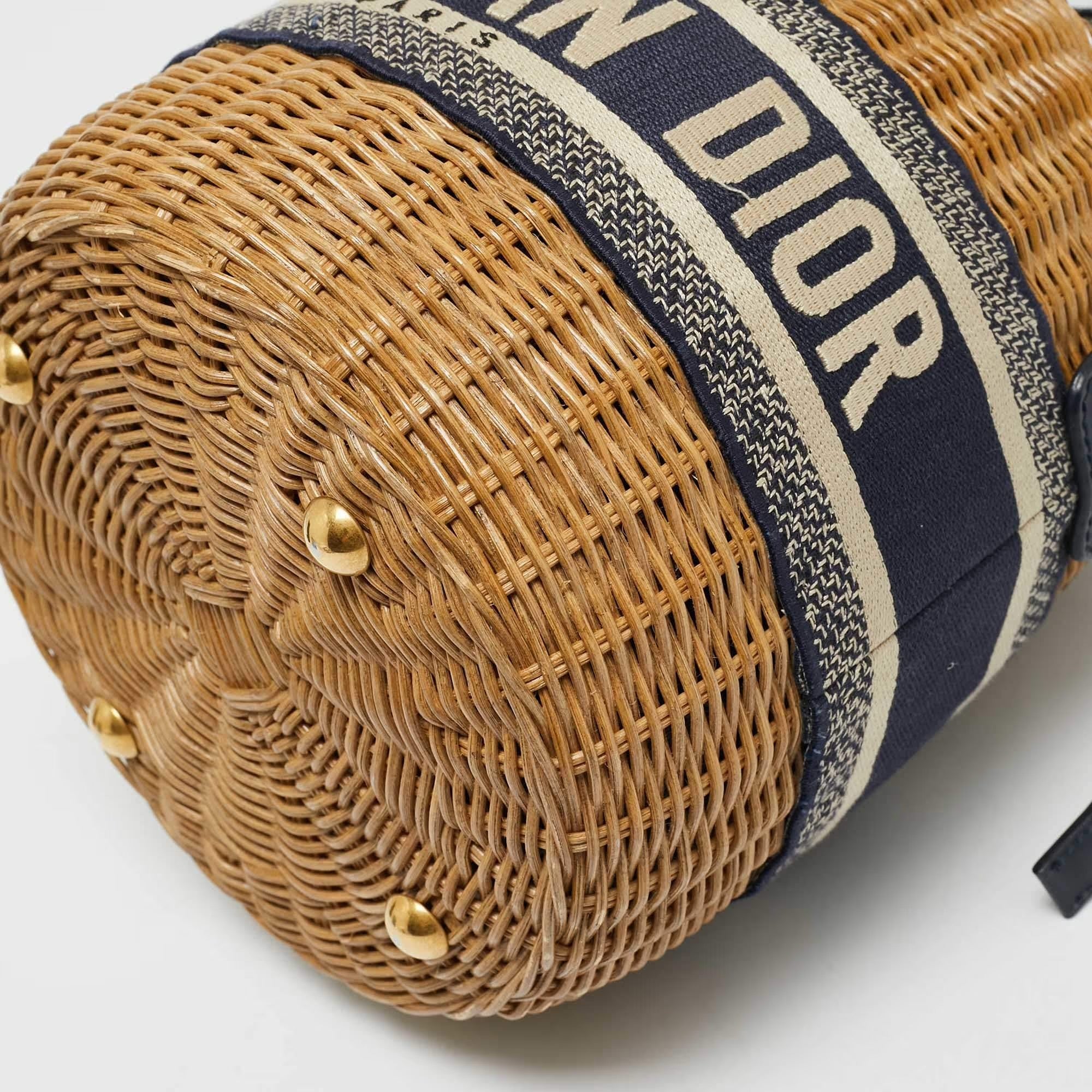 Dior Wicker Drawstring Navy Blue Oblique Canvas and Rattan Bucket Bag