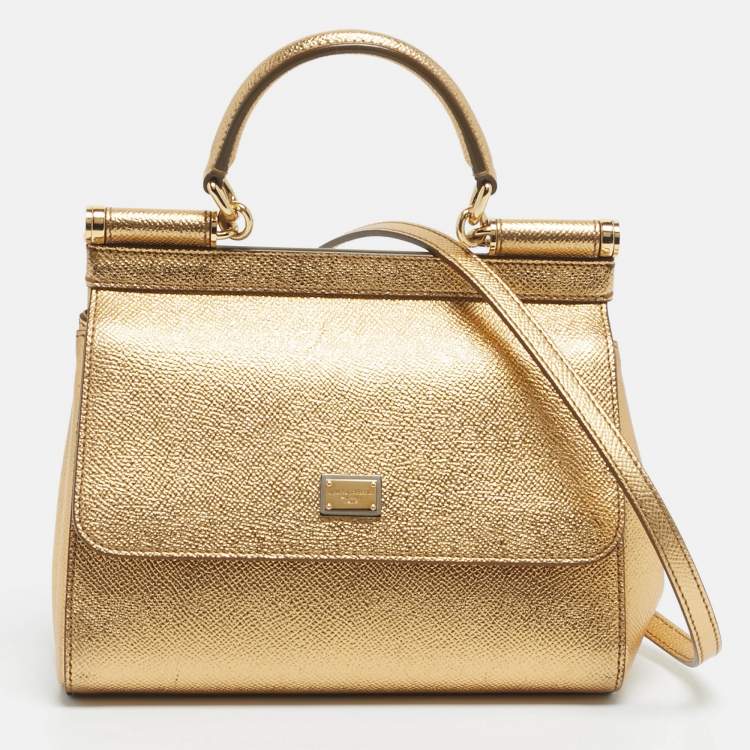 Dolce & Gabbana Gold Leather Small Miss Sicily Top Handle Bag