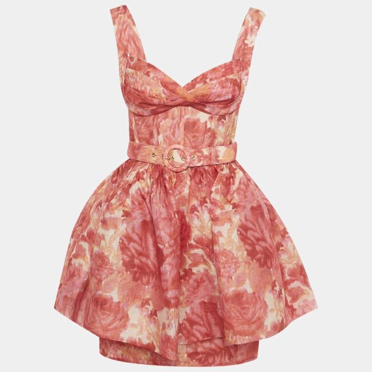 Zimmermann Pink Floral Printed Linen & Silk Belted Mini Dress XS