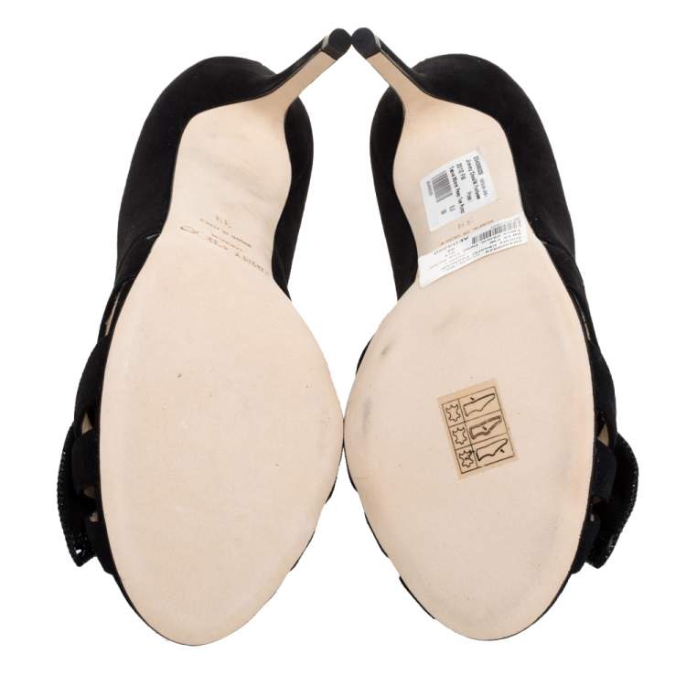 Jimmy Choo Black Suede Talva Crystal Embellished Bow Peep Toe Pumps Size 39