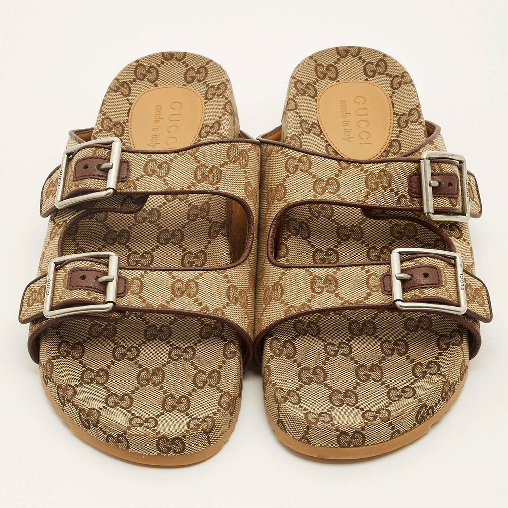 Gucci GG Size 44 Beige/Brown Canvas and Leather Double Buckle Slide Sandals