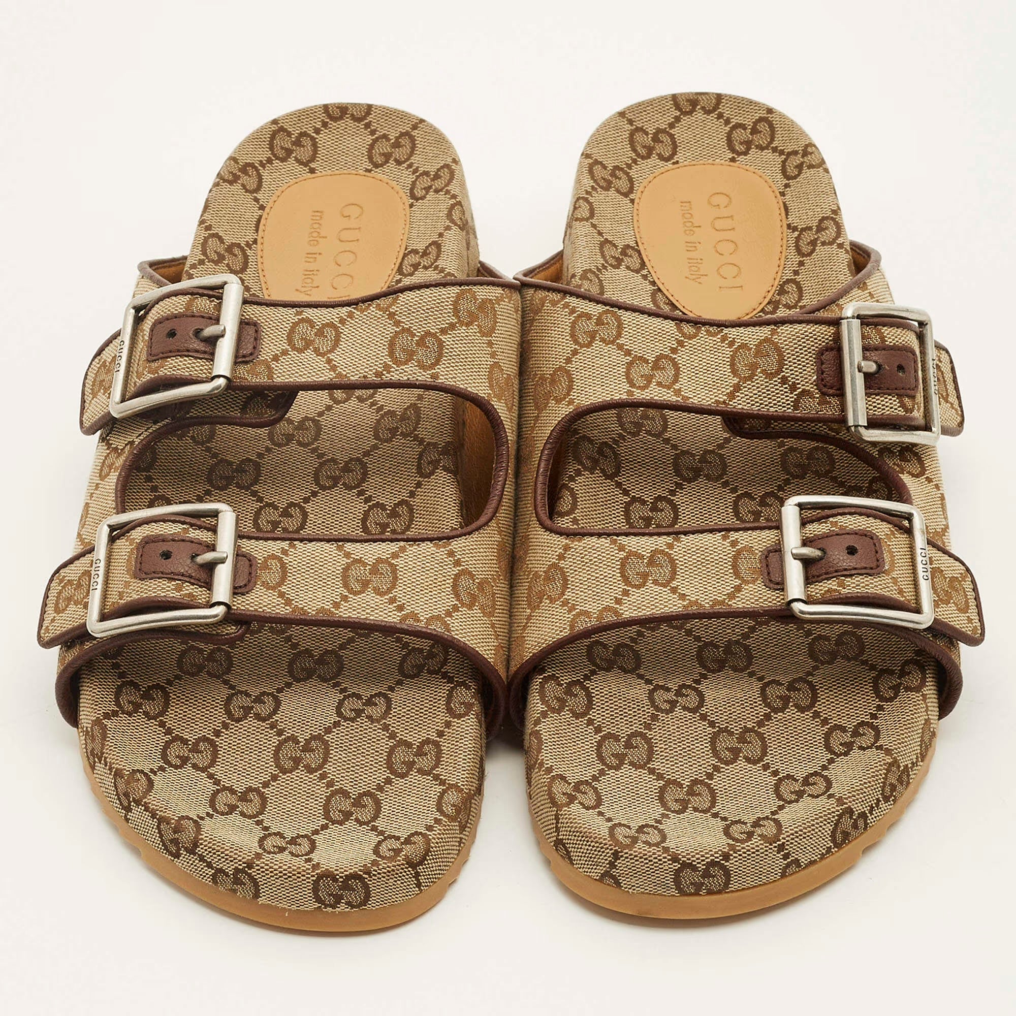 Gucci GG Size 44 Beige/Brown Canvas and Leather Double Buckle Slide Sandals
