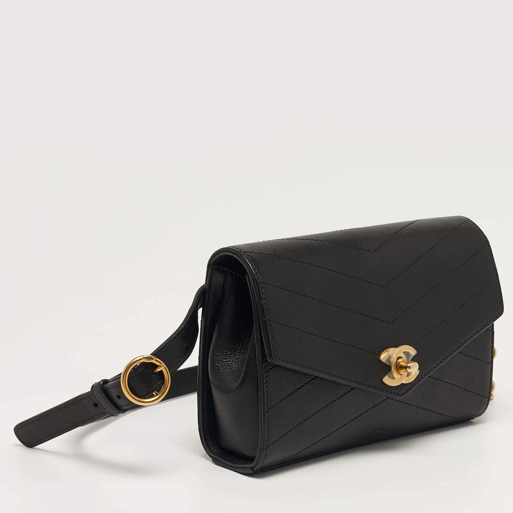 Chanel Coco Black Chevron Leather Waist Belt Bag