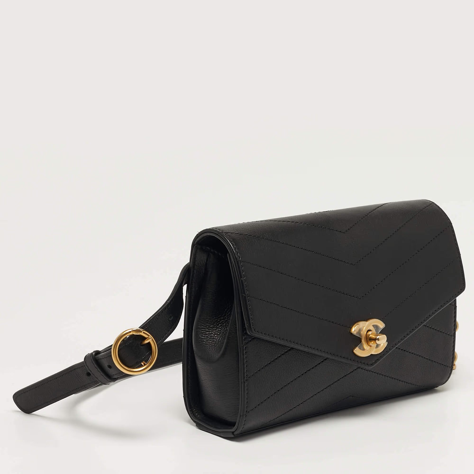 Chanel Coco Black Chevron Leather Waist Belt Bag