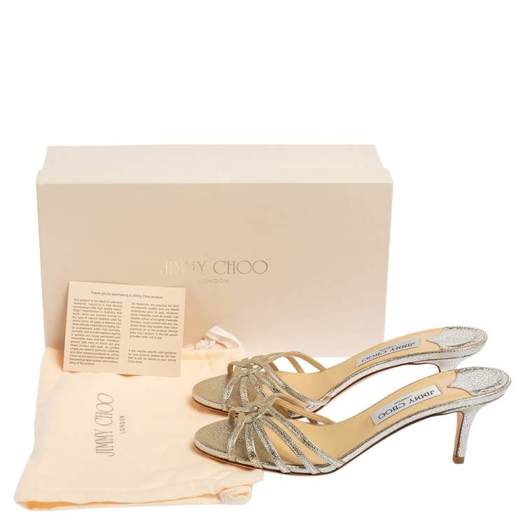 Jimmy Choo Metallic Silver Crinkled Leather Gillian Slide Sandals Size 37.5