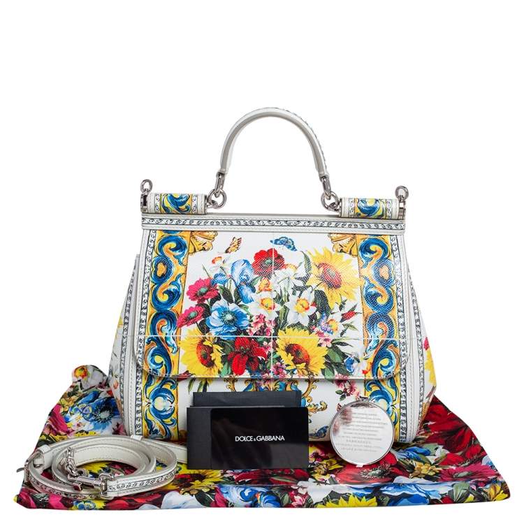 Dolce & Gabbana White/Multicolor Floral Print Leather Medium Miss Sicily Top Handle Bag