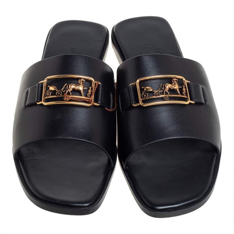 Hermès Black Leather Villa Sandals Size 38